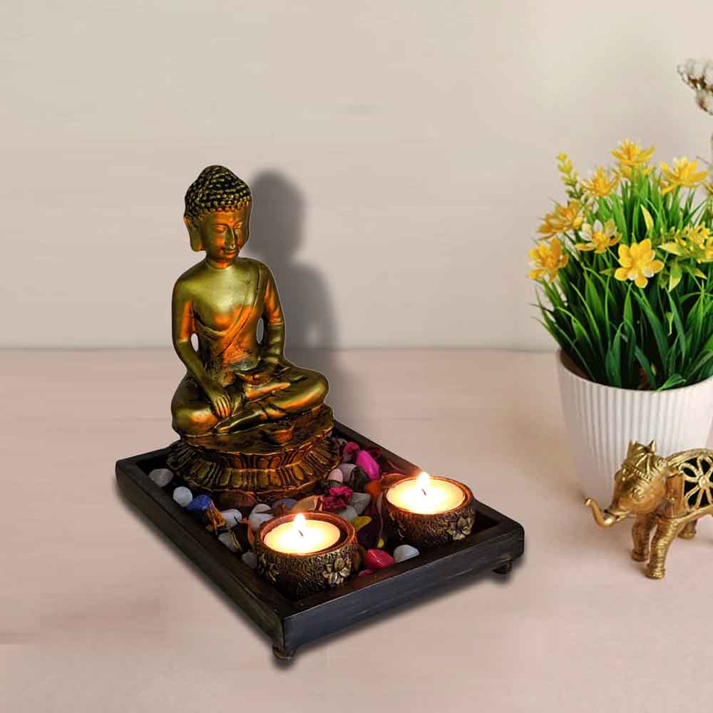 Golden Meditating Buddha Idol On Tray